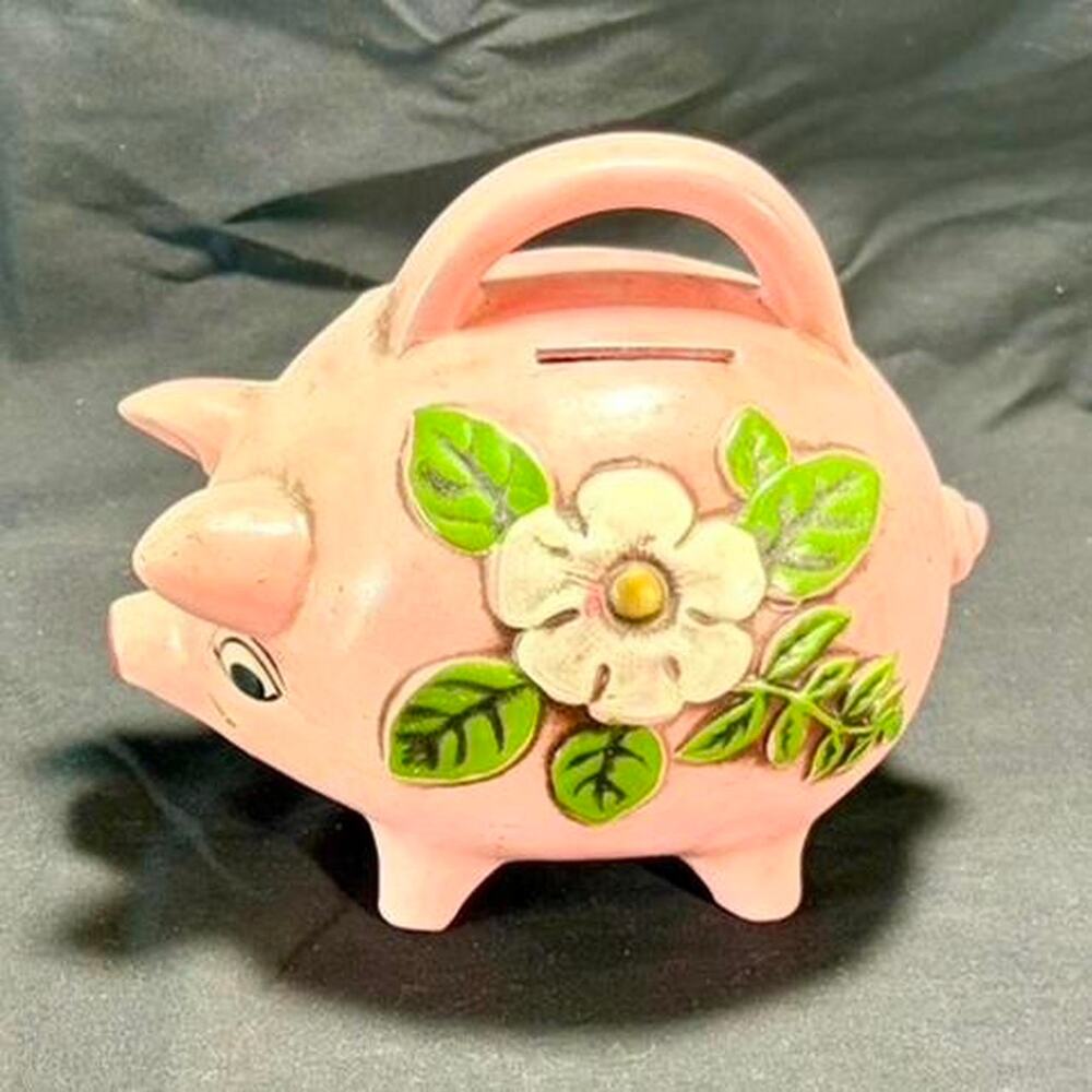 🚨 VINTAGE Ceramic Pink Hand Painted White Floral Pig Piggy Bank Limited Ed. 🐷